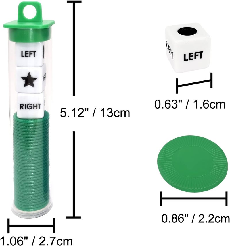 Ahoper Left Right Center Dice Game Prime Set Bundle with 3 Dices + 36 Chips. Round Tube Storage is Very Convenient for Travel. Easy to Store, Carry Around. (Green) - Image 5